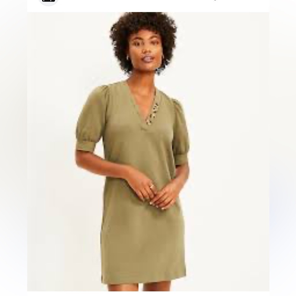 LOFT Olive Green V-Neck Puff Sleeve Shift Dress